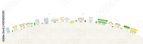 Arc-shaped watercolor cityscape with residential buildings