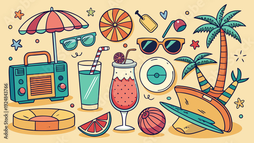 Fun Summer Beach Vibes Collection: Retro Radio, Cocktails, Sunglasses, Palm Tree, and Surfboard on Yellow Background