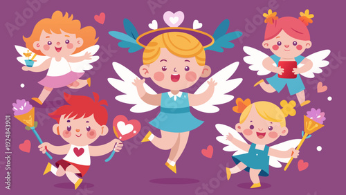 Cute cartoon cupids with wings and halos spreading love and joy, perfect for Valentine's Day celebrations and romantic themes.