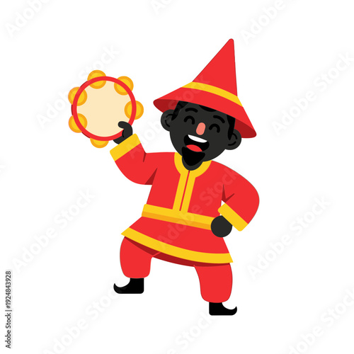 Smiling cartoon black child in red and yellow costume holding tambourine dancing playfully