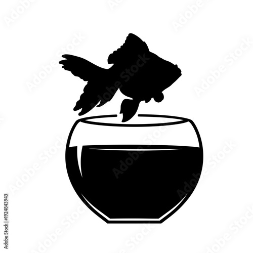 Goldfish jumping out of fishbowl black silhouette on white background symbolizing freedom and adventure
