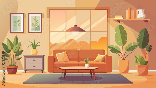 Cozy living room interior with large window, sofa, coffee table, and plants, bathed in warm sunset light for a relaxing ambiance.