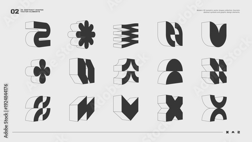 Modern 3D isometric vector shapes collection, futuristic abstract symbols and graphic design elements.