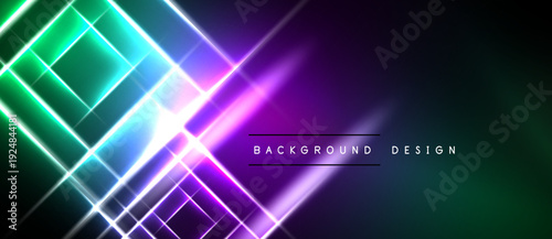 Abstract neon lights create dynamic geometric patterns. Vibrant colors blend, forming futuristic background design. Dark space emphasizes luminosity.