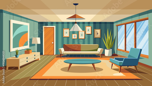 Eclectic living room with a two-tone sofa, striped wallpaper, and large windows, blending vintage and modern elements for a unique space.