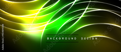 Abstract neon lines create vibrant green, yellow glow. Dark background emphasizes flowing light curves, modern design elements.