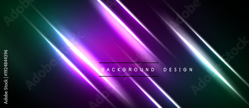 Abstract background features vibrant diagonal lines. Purple, teal hues dominate dark space. Modern design element.