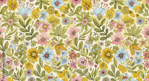 Delicate roses and daisies scattered on a creamy background