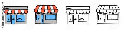 Set editable sketch drawing store shop vector for local retail blogs. Ideal for symbolizing small business concepts, physical markets, and neighborhood commerce.
