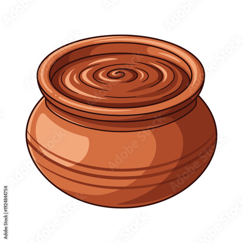 Clay pot with spiral design on lid terracotta container for cooking or storage earthy brown color