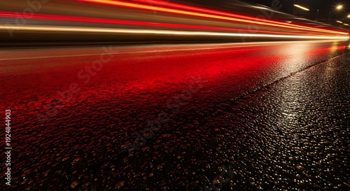 Dynamic long exposure light trails from urban traffic paint streaks of red and gold on a wet night road, reflecting motion