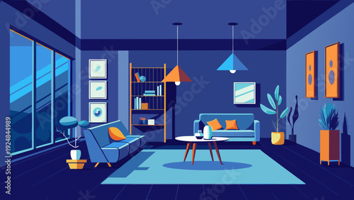 Stylish vector illustration of a contemporary living room with blue furniture, orange details, and framed art, bathed in cool evening light.