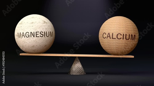 Magnesium and Calcium in balance - balancing spheres on a scale symbolizing harmony, equity and equilibrium between magnesium and calcium. Harmonious and beneficial situation. Made by human for humans