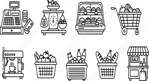 A collection of various grocery store and shopping items in a simple line art style Vector