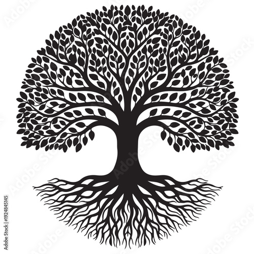 Tree of Life Silhouette with Roots – Sacred Nature Symbol Vector Illustration
