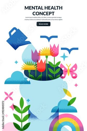 Head with growing flowers. Mental health, well-being concept. Vector illustration of positive thinking and harmony