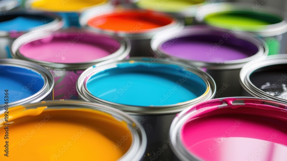 Fototapeta premium Colorful Close-Up of Open Paint Cans Displaying Vibrant Paint Tones for Artistic Projects and Home Improvement