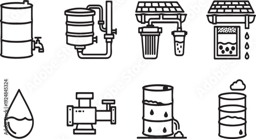 A detailed illustration of various water treatment and filtration systems Vector