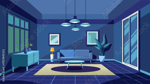 Serene blue living room illustration in a minimalist flat style, featuring a light blue sofa, soft lighting, and a large window.