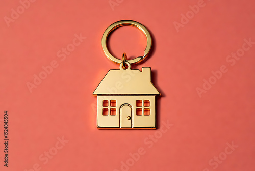 Wallpaper Mural Keychain house shaped metal key ring with glossy gold finish on pink background, symbol of home ownership, real estate, property purchase, mortgage and moving concept Torontodigital.ca