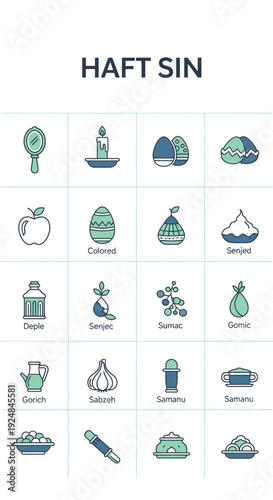 Haft sin table setting with traditional iranian new year symbols on white background