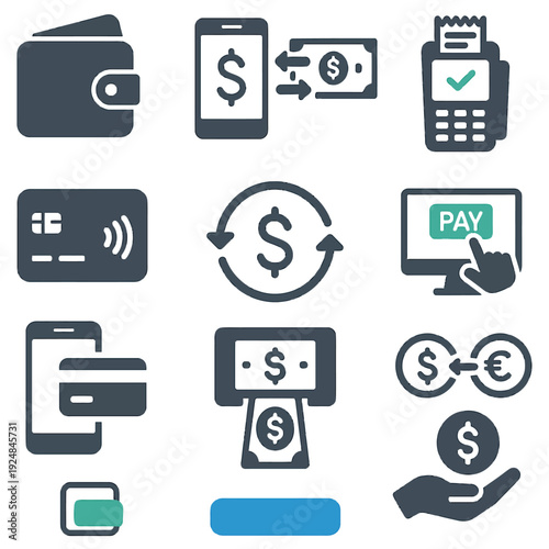 Essential payment and fintech icon pack: digital wallet, transactions, and online banking symbols for modern business and financial services, flat vector.