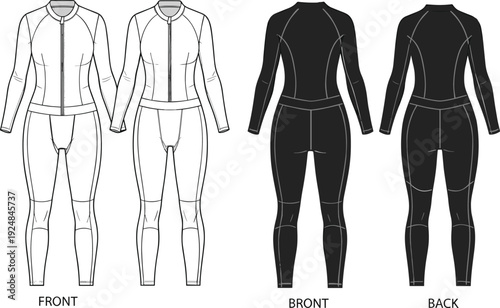 Realistic Vector Flat Sketch Illustration of Men and Women Full Body Compression Baselayer Suit with Front Zipper and Long Sleeves