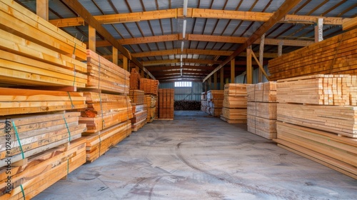 Wallpaper Mural Interior of a spacious wooden warehouse showcasing neatly stacked timber and lumber stored in organized rows for construction use Torontodigital.ca