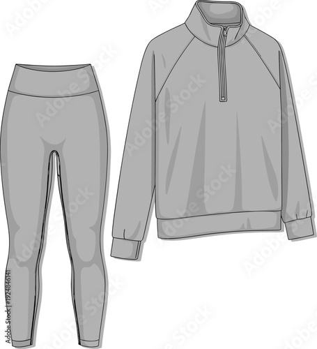 Realistic Vector Flat Sketch Illustration of Women Gray Sportswear Set Featuring Quarter Zip Pullover Sweatshirt and High Waisted Athletic Leggings