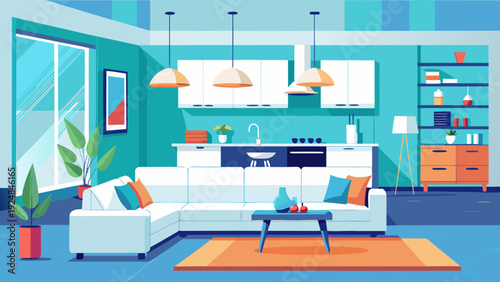 Bright open-concept living room and kitchen area with a large white sectional sofa and modern cabinets.