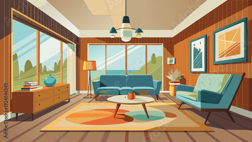 Inviting living room with a teal sofa and armchair, featuring a unique rug and large windows overlooking a serene landscape.