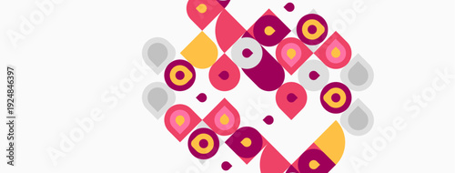Abstract geometric shapes, circles, squares, overlapping forms. Pink, purple, yellow hues dominate composition. Minimalist design, modern aesthetic.