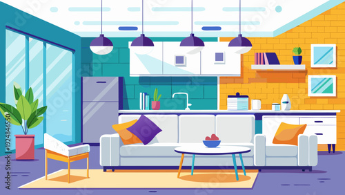 Bright open-plan kitchen and living area with white sofa, brick wall, and vibrant decor