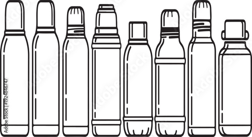Assorted glass bottles with different caps and shapes displayed in a row Vector