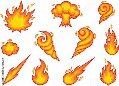 Cartoon fire flames collection, blazing bonfire, explosion burst, comet trail and smoke cloud, hot burning icons set