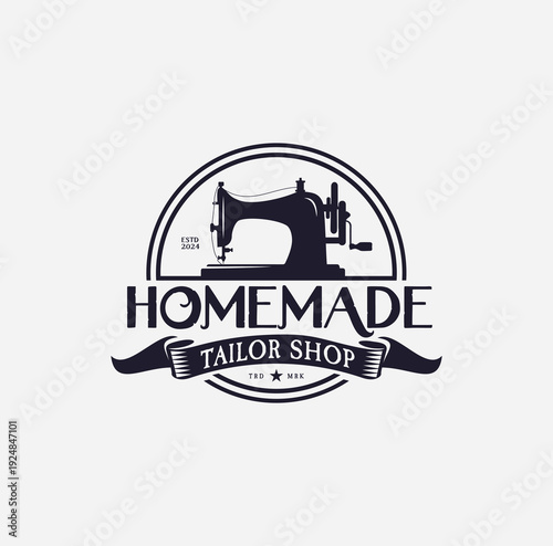 Retro Sewing Machine Vintage Tailor Logo  Vector Textile Emblem Clothes Label