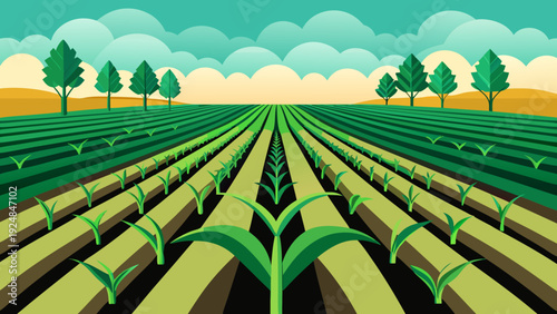 Vast agricultural field with geometric rows of vibrant green crops and stylized trees under a soft, cloudy sky.