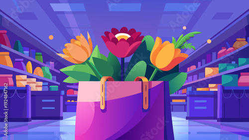 Shopping bag with bright tulips and flowers in a grocery store aisle, featuring colorful products on shelves.