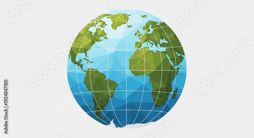 Earth globe with grid lines on white background 3d illustration of world map with continents in green and blue oceans