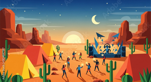 People dancing at a desert party with a stage and tents under a crescent moon and sunset