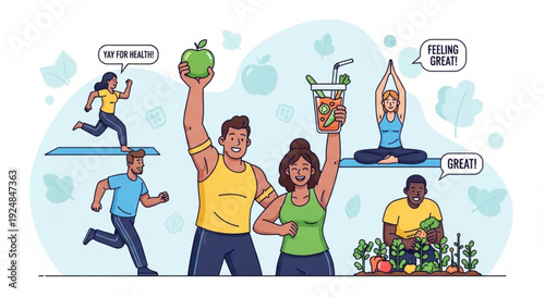 People enjoying healthy lifestyle with fresh fruits and drinks exercising and feeling great together