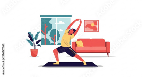 Young woman practices yoga in living room with modern furniture and plants