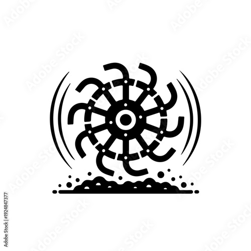 Black and white silhouette of a modern rotary tiller featuring rotating tines for efficient soil cultivation and seedbed preparation