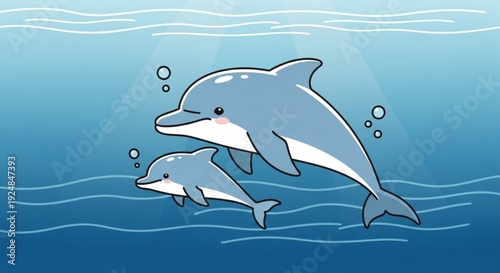 Two dolphins swimming together underwater with bubbles rising to surface in ocean