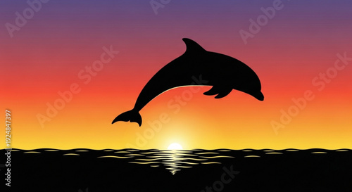 Dolphin jumping out of ocean water at vibrant sunset with colorful sky