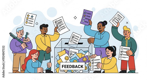Diverse group of people giving feedback and opinions by putting papers into a large feedback box with a happy and engaged atmosphere