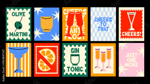 Playful wall posters and party cards with alcoholic cocktails in glass jars and cups. Champagne and gin tonic illustrations in fun retro 90s cartoon style.