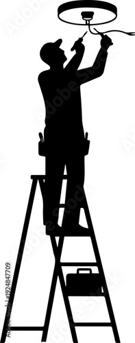 Electrician Installing Ceiling Light Fixture on Ladder Silhouette Vector Illustration Home Repair and Maintenance