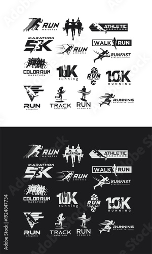 Set Of Black Silhouette Marathon Run Logo Template With Running People illustration, 5K, 10K, 21K half marathon	