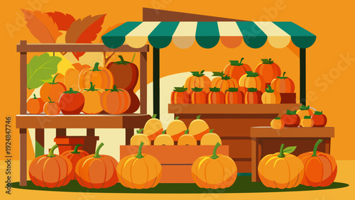 Abundant pumpkin harvest displayed at a colorful autumn market stall with crates of produce and autumn leaves